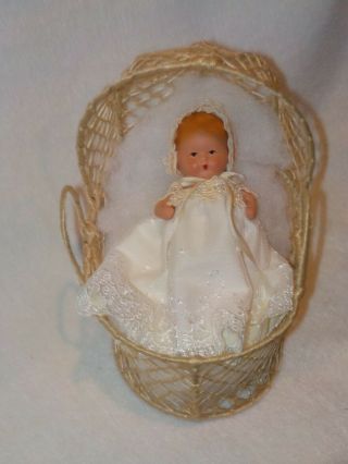 Vintage 4 " All Bisque Baby Doll In Basket Marked K&h
