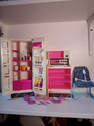 Vintage Barbie Dream House Kitchen Oven Refrigerator Blue Chair Accessories Food