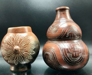 2 Antique Burnish South American Pottery Brown Seed Pot Weed Vase Mexican Indian