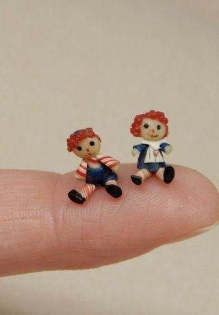 Vintage Teeny Tiny Raggedy Ann Andy Clay Dolls Artisan Dollhouse Miniature