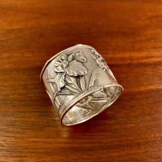 Rare Zee Wo Shanghai Chinese Export Sterling Silver Iris Napkin Ring C.  1890