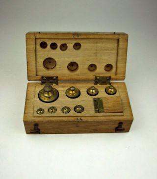 Vintage Antique? Complete France Brass Grams Weight Set In Wood Box