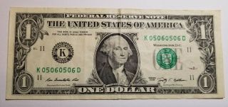 Rare $1 Dollar Bill Repeating Serial Number Consecutive Numbers 05060506