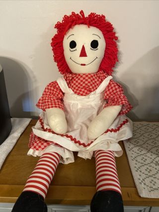 Vintage 32 " Raggedy Ann Cloth Doll " I Love You " Heart With Heart Dress & Apron