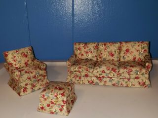 Vintage Dollhouse Miniatures Couch Chair Ottoman Living Room Set Of 3 Floral
