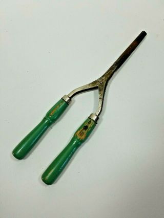 Antique Curling Iron Hair Curler Steel Green Wood Handles 9.  5 " Vintage