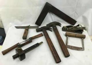 Group (8) Orig.  Antique Hand Tools Square Hammers Scribe Shaver Plane Chopper
