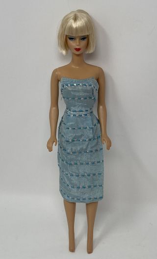 Vintage Barbie Clone Clothes Doll Outfit Turquoise Silver Strapless Sheath Dress