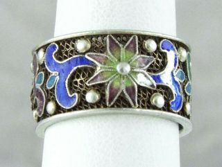 China - Antique / Vintage Enameled Gilded Filigree Sterling Silver Ring - S: 7.  0
