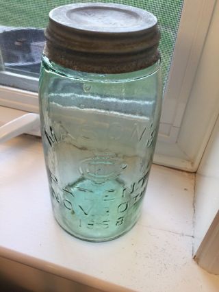 Antique Light Olive Green Mason’s Cfj Patent Fruit Jar