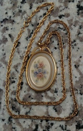 Vintage Pink And Blue Floral Oval Pendant,  Gold Tone Metal Chain,  Plastic,  Euc