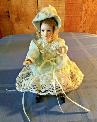 Vintage Porcelain / Cloth Sitting Doll In Victorian Light Blue Dress