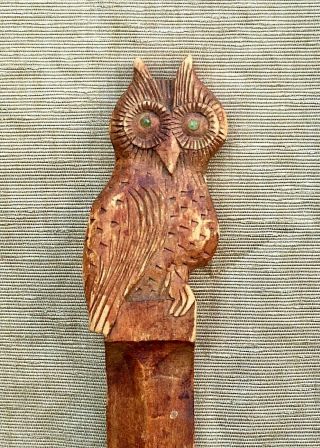 Antique Folk Art Carved Wooden Owl Letter Opener Knife Glass Eyes