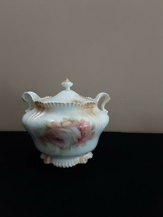 Antique Rs Prussia Porcelain Roses Decorated Covered Large Sugar Bowl