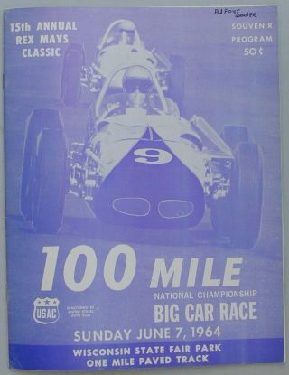 Old 1964 Usac Race Program Big Car Wisconsin Speedway Rex Mays Classic Very Rare