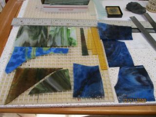 44 Stained Glass Scraps,  Mosaics,  Blues,  Greens Browns 2 1/2 Lbs