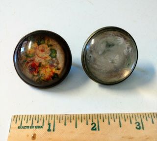 Two Antique Victorian Glass Domed Brass Horse Bridle Rosette Buttons