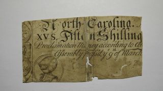 1754 Fifteen Shillings North Carolina Nc Colonial Currency Note Bill Rare 15s