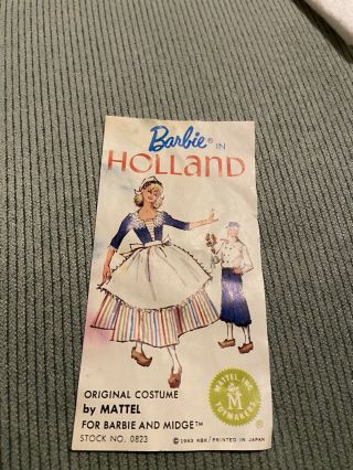 Vintage Mattel Doll Barbie In Holland Outfit 0823 Complete Clogs Cap Insert Exc 2