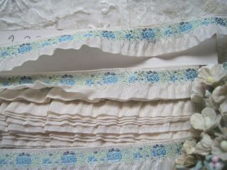 Vintage French Rayon Jacquard White With Blue Flowers Ribbon Trim,  4 Yards