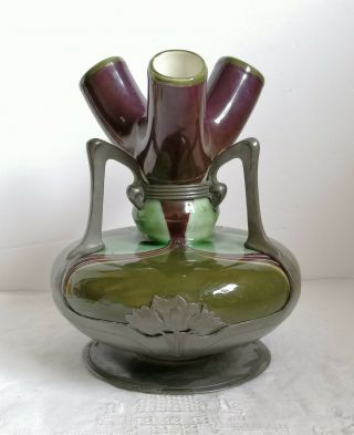Rare Antique Art Nouveau Zsolnay Ceramic Osiris Pewter Overlay Sucessionist Vase