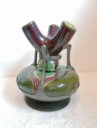 Rare Antique Art Nouveau Zsolnay Ceramic Osiris Pewter Overlay Sucessionist Vase 2