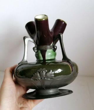 Rare Antique Art Nouveau Zsolnay Ceramic Osiris Pewter Overlay Sucessionist Vase 3