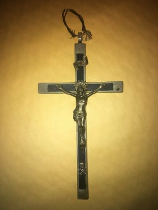 Antique German Crucifix Silver Ebony Inlaid Wood Skull Marked Germany 6 1/4 "