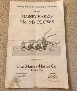 Vintage Massey - Harris No.  9b Plows Setting Up & Operating Instructions/racine,  Wi