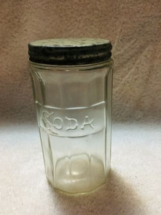 Antique Vintage Hoosier Cabinet Soda Glass Spice Jar Ribbed,  Raised Letters