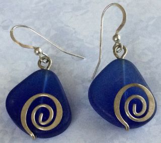 Gorgeous Rare Vintage Estate Sterling Silver 925 Blue Glass Swirl Earrings Bh66