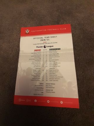 Southampton V Manchester United - 29 November 2020 - Rare Official Teamsheet