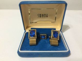 Vintage Swank Mesh Wrap Cufflinks /tie Tack Gold Tone And Blue