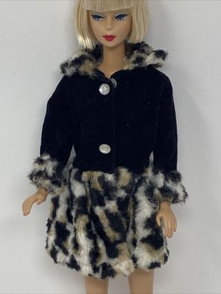 Vintage Barbie Clone Clothes Doll Outfit Black Velvet Faux Leopard Print Dress