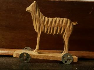 Rare Antique Unpainted German Erzgebirge Putz Wood Dog Pull Toy Tin Wheels