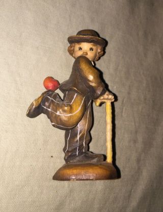Rare Vintage Anri 4” Hand Carved Wood Italy Boy With Cane Standing On One Leg