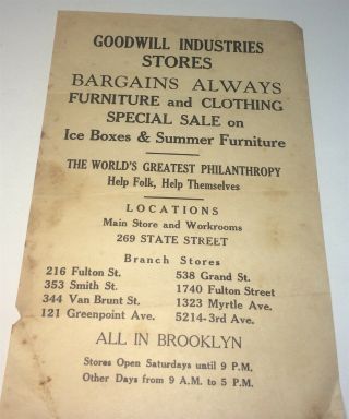 Rare Antique American Goodwill Store Advertising Poster / Flyer Brooklyn,  Ny