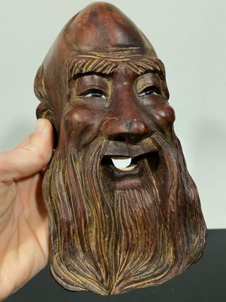 Vtg Rare Chinese Carved Wood Wise Man Immortal Mask Art Statue Sculpture