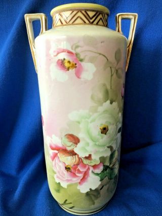 Antique Nippon Vase Hand Painted Gold Moriage Beading Double Handle 12 " T Flower