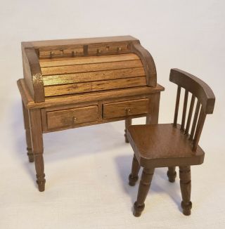 Dollhouse Miniature 1:12 Rolltop Desk And Chair