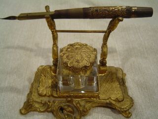 Antique Ornate Brass Art Nouveau Ink Well With Fountain Pen And Footed Tray