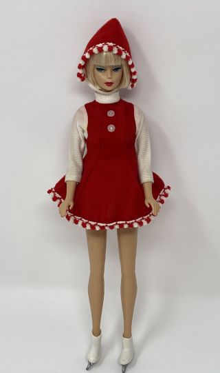 Vintage Barbie Clone Clothes Doll Outfit Red White Ice Skating Dress Hat Skates