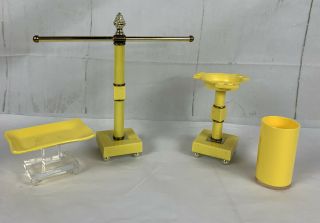 Mid Century Atomic Space Age Yellow Acrylic Lucite Bathroom Set 4 Piece Rare