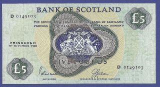 Very Rare Gem Uncirculated 5 Pounds 1969 Banknote From Scotland