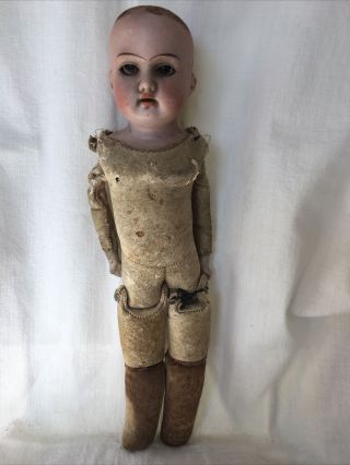 Antique Doll Leather Body Bisque Face Germany 11”