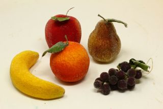 5 Vintage Beaded Sugar Fruit Grapes,  Banana,  Apple,  Pear,  Orange