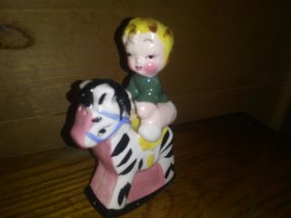 Rare Vintage Baby Riding Zebra Rocking Horse Salt & Pepper Shakers Stacking