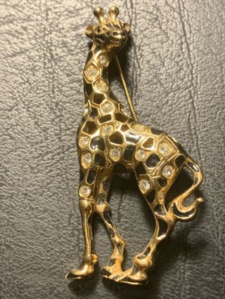 Rare Swarovski Crystal Gold And Black Enamel Giraffe Brooch Swan Mark