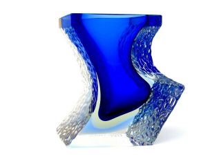 Signed Giant Murano Sommerso Submerged Art Glass Space Age Block Vase Blue Rare