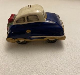 Vintage Glass Ceramic Car With Wreath Christmas Ornament Hand Painted Antique